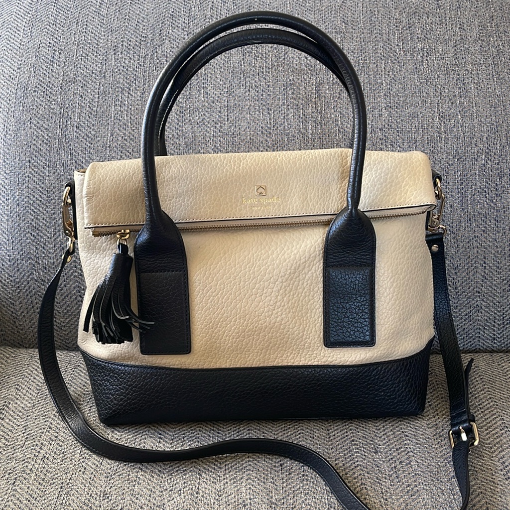 Kate Spade Women’s Black/Ivory Pebbled Leather Fold-Over Satchel Bag